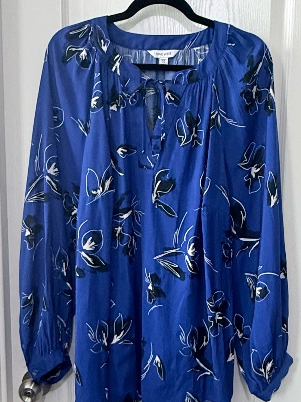 Nine West Royal Blue Floral Tie-Neck Blouse